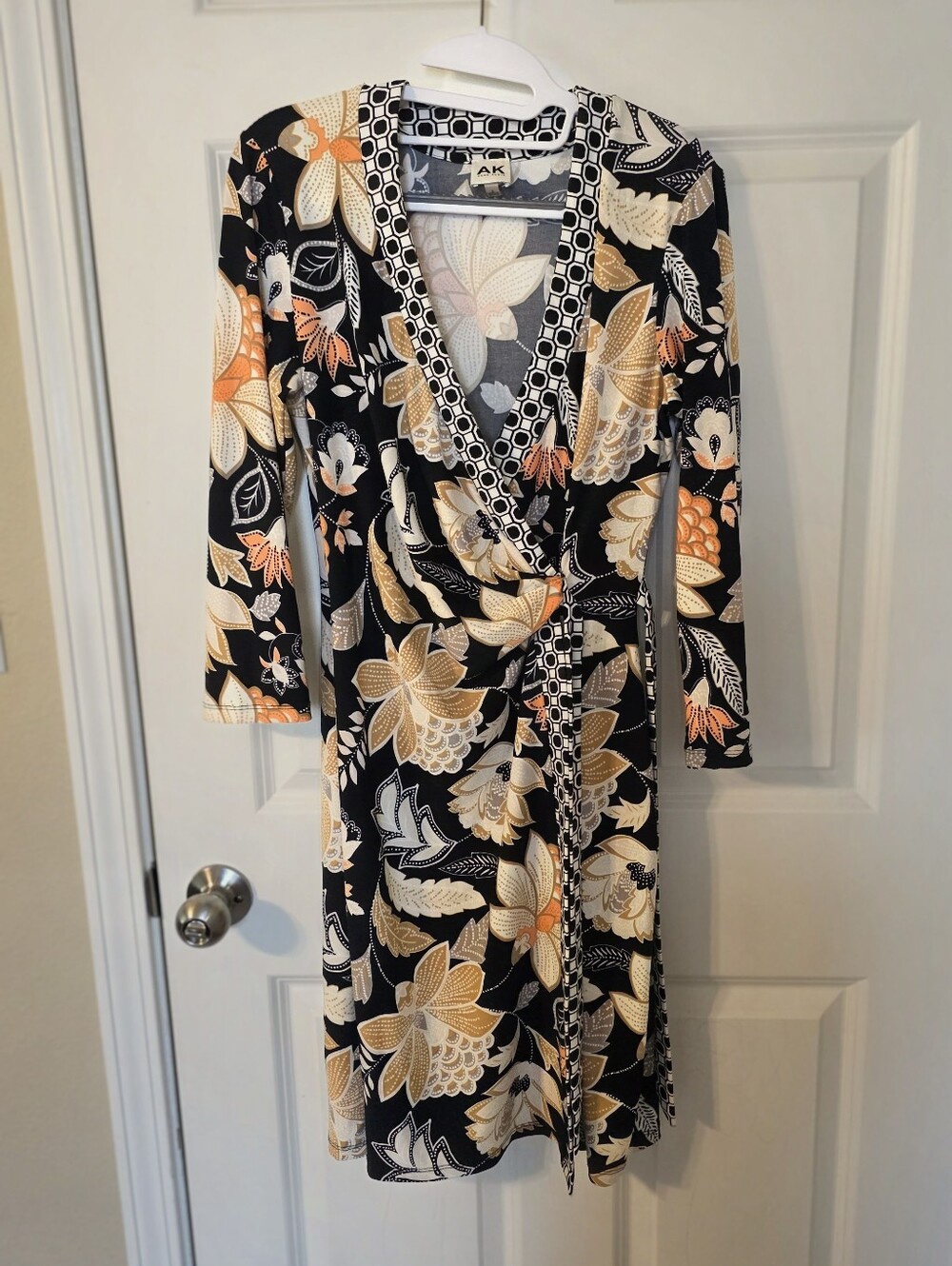Floral Geometric Faux Wrap Dress Black Orange Cream Long Sleeve | Anne Klein